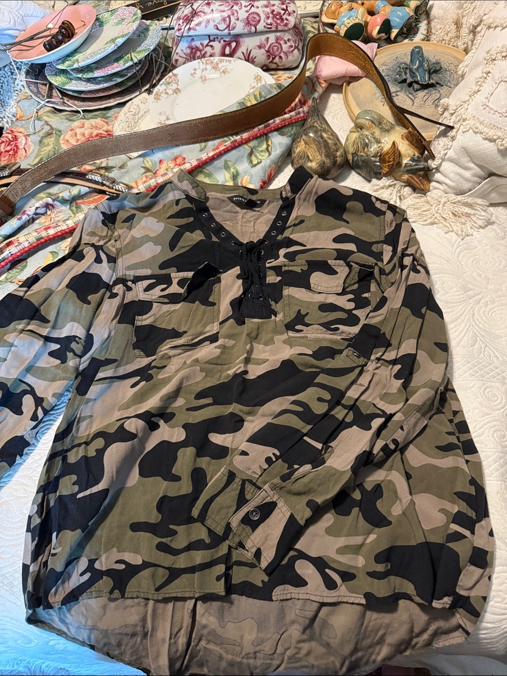 Rock & Republic Olive Green Camo Lace-Up Long Sleeve Shirt